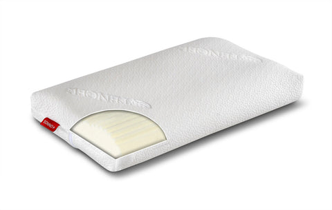 Cuscino cervicale in Memory Foam della marca SONNO+ versione compatta 52x30x8 cm ideale da arrotolare e richiudere nella custodia  blu per i viaggi e il bagaglio a mano